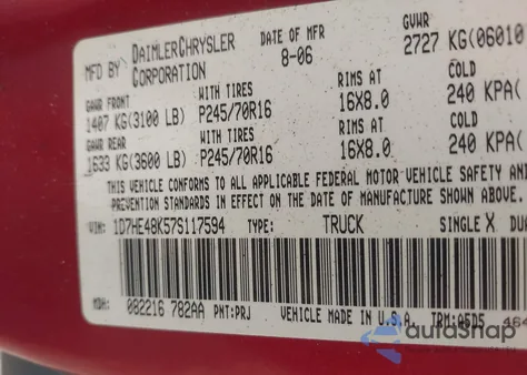 2007 Dodge Dakota Slt from USA, damaged, VIN 1D7HE48K57S117594